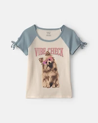 Girls 'Vibe Check' Dog Graphic Tee - Cream/Blue