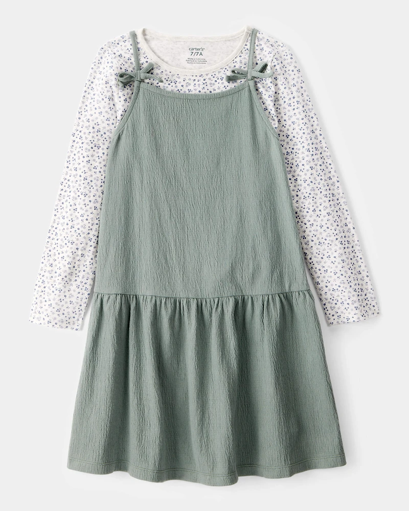 Kid 2-Piece Floral Print Tee & Tank Dress Set - Green/Grey