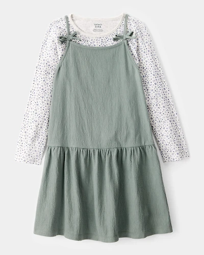 Kid 2-Piece Floral Print Tee & Tank Dress Set - Green/Grey