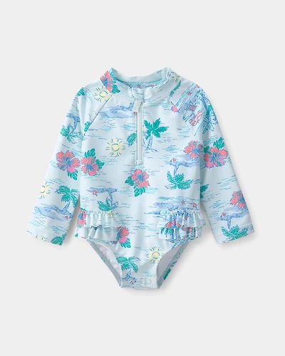 Baby Girl Tropical Beach Long-Sleeve Rashguard Swimsuit - Blue