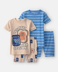 Toddler Boy PB&J Striped 100% Cotton Short-Sleeve Snug Fit 4-Piece Pajama Set - Blue/Brown