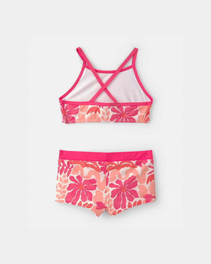 Girls 3-Piece Floral Long-Sleeve Rashguard Swimsuit Set - Pink/Orange
