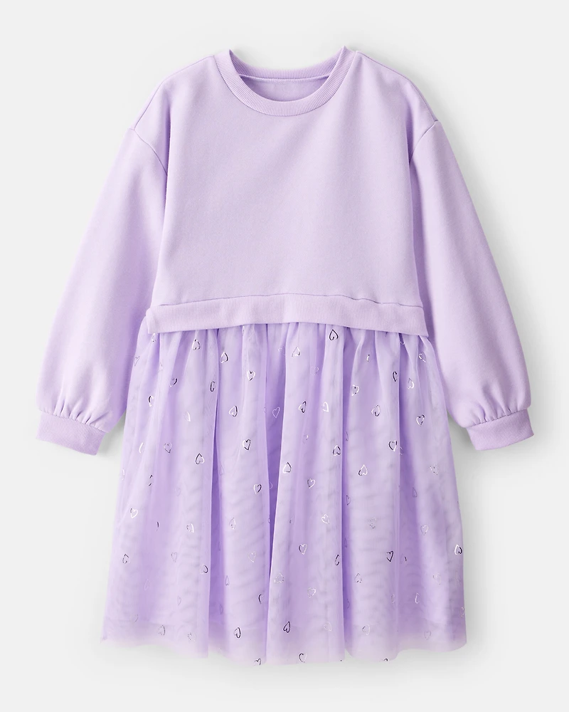 Girls Metallic Heart Long-Sleeve Tulle Dress - Purple