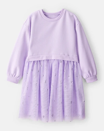 Girls Metallic Heart Long-Sleeve Tulle Dress - Purple