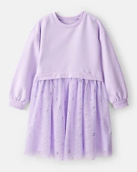 Girls Metallic Heart Long-Sleeve Tulle Dress - Purple