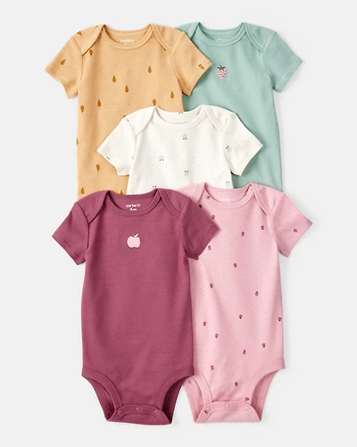Baby Girl 5-Pack Fruit Print Cotton Multipack Bodysuits - Yellow/Green/Pink/Red/White