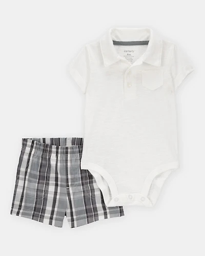 Baby Boy 2-Piece Polo Bodysuit & Plaid Short Set - Ivory/Grey