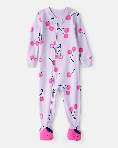 Baby Girl Cherry 100% Cotton Snug Fit 2-Way Zip Footie 1-Piece Pajamas - Purple