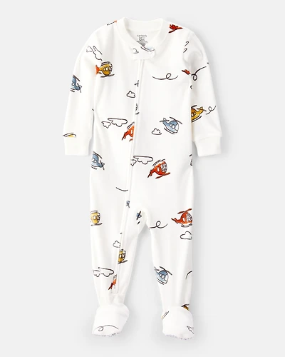 Baby Boy Helicopter Print DreamPlush Snug Fit Long-Sleeve 2-Way Zip 1-Piece Pajamas - White