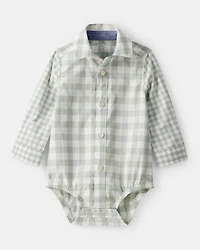 Baby Boy Plaid Long-Sleeve Button-Down Bodysuit - Green