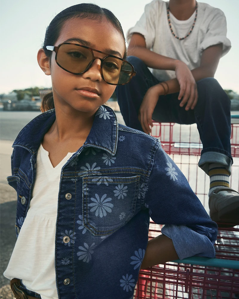 Girls Dark Wash Floral Denim Jacket - Blue