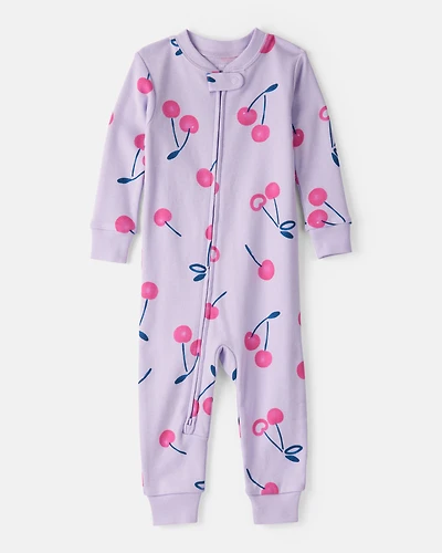 Baby Girl Cherry 100% Cotton Snug Fit 2-Way Zip 1-Piece Pajamas - Purple
