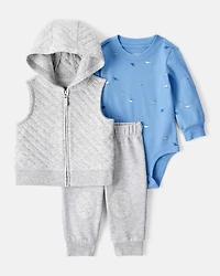 Baby Boy 3-Piece Helicopter Print Long-Sleeve Vest, Bodysuit & Pant Set - Grey