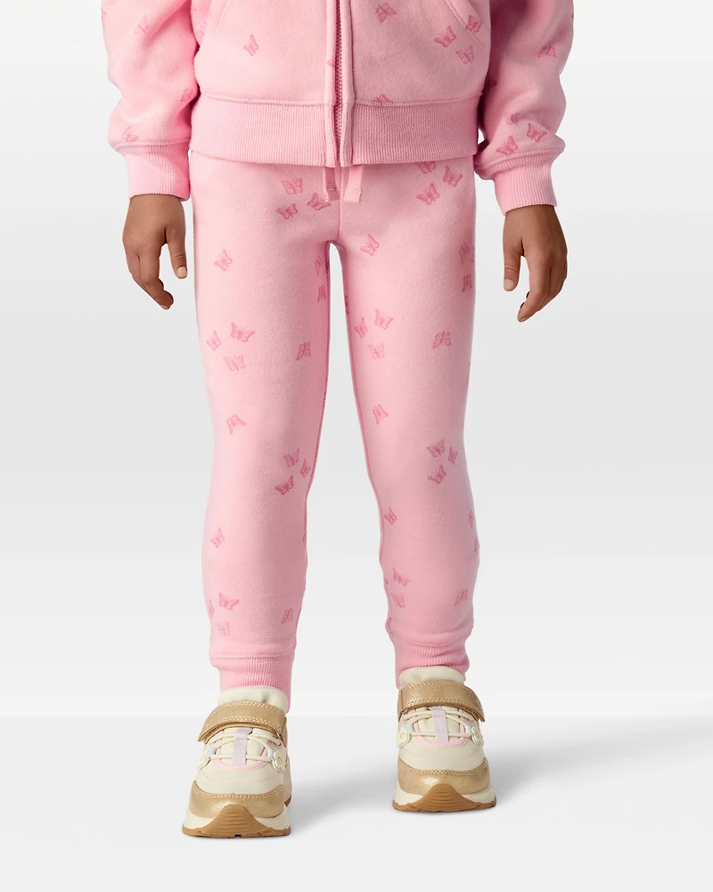 Toddler Butterfly Print Fleece Drawstring Joggers - Pink