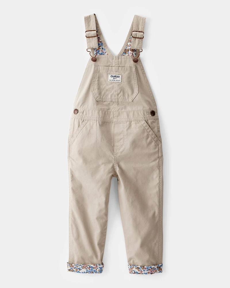 Toddler Lightweight Floral-Lined Canvas Overalls - Khaki