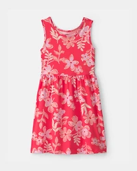 Girls Tropical Floral Sleeveless Knit Dress - Coral