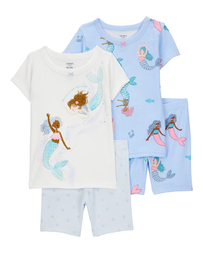 Toddler Mermaid Print Snug Fit Cotton 4-Piece Pajamas