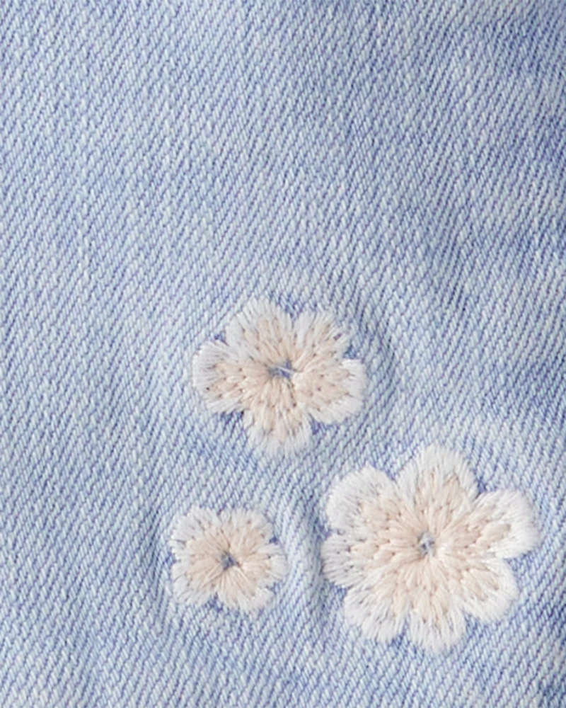 Toddler Girl Flower Embroidered Denim Jacket - Light Wash