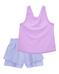 Kid 2-Piece Floral Active Twist Tank & Flowy Layered Flip Short Set - Purple/Blue