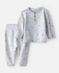 Baby Boy Dinosaur Print Cotton Long-Sleeve Tee & Pant Set - Blue