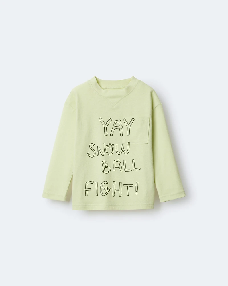 Toddler Snow Ball Fight!' Long-Sleeve Pocket Relaxed Graphic Tee - Lime