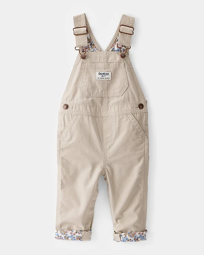 Baby Girl Lightweight Floral-Lined Canvas Overalls  - Khaki
