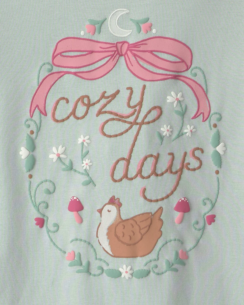 Girls 4-Piece Country Chicken 100% Cotton Snug Fit Pajama Set - Blue/Cream