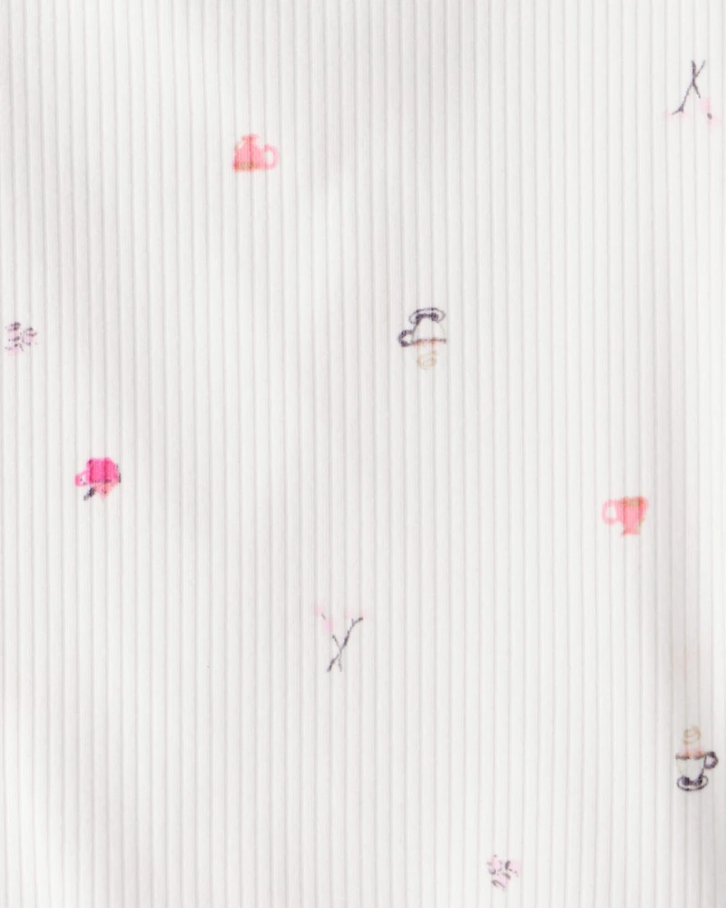 Girls Cafe-Print Ribbed Top - Ivory