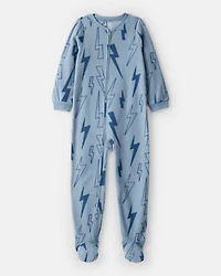 Boys Lightning Print Fleece Long-Sleeve Loose Fit 1-Piece Pajamas - Blue