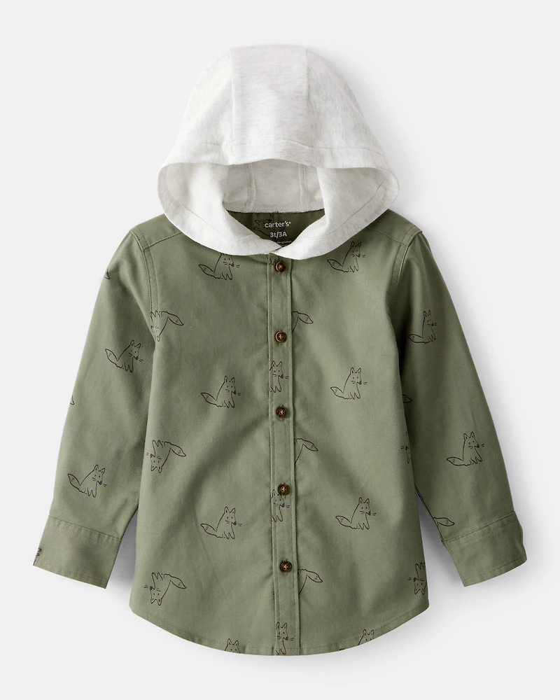 Toddler Boy Racoon Print Cotton Long-Sleeve Hooded Button-Down Shirt - Green