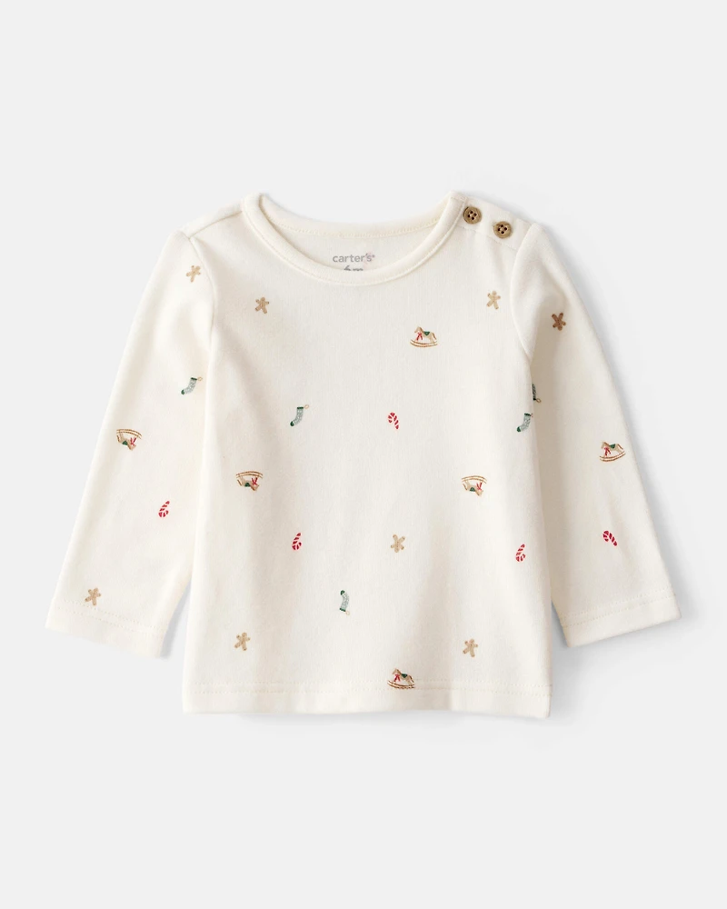 Baby Boy Gingerbread Holiday Print Long-Sleeve Overall Set - Red