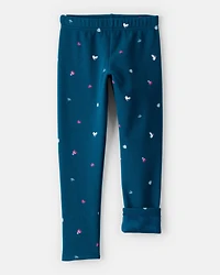 Girls Ice Skate Print Cozy Fleece Pull-On Stretch Leggings - Blue