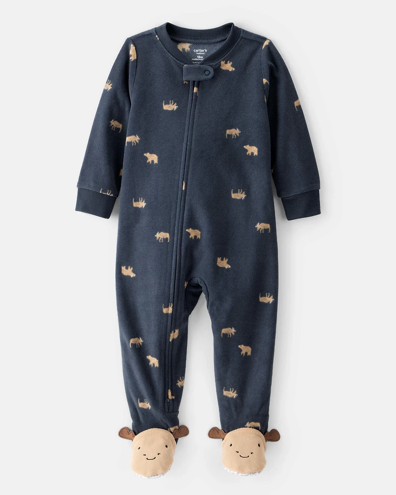 Toddler Boy Moose & Bear Loose Fit Long-Sleeve 1-Piece Pajamas - Navy Blue