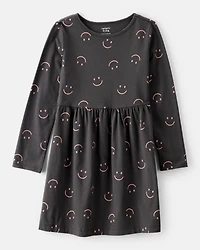 Girls Smile Print Long Sleeve Cotton Dress - Black