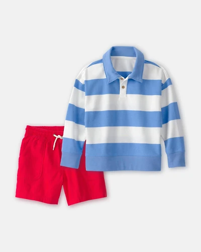 Boys 2-Piece Striped French Terry Pullover Sweatshirt & Shorts Set - Blue/White/Red