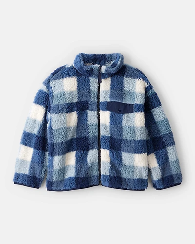 Boys Plaid Sherpa Long-Sleeve Zip-Up Jacket - Blue