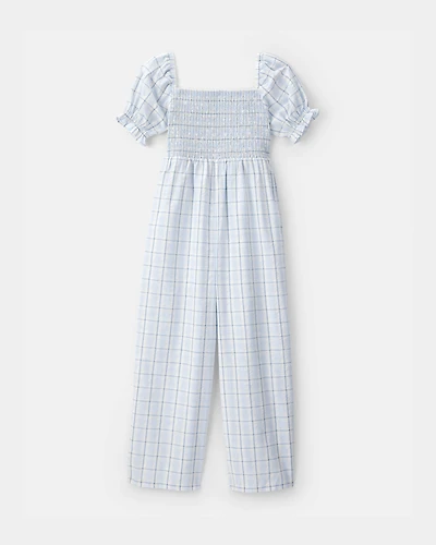 Girls Plaid Smocked Jumpsuit - Blue