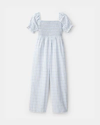 Girls Plaid Smocked Jumpsuit - Blue