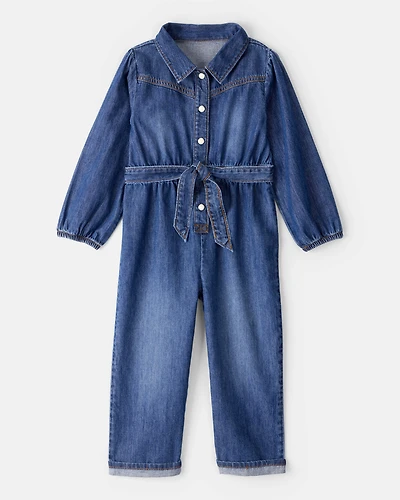 Toddler Girl Denim Cotton Long-Sleeve Jumpsuit - Smokey Wash