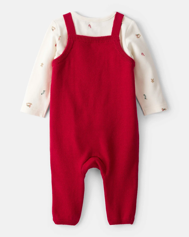 Baby Boy Gingerbread Holiday Print Long-Sleeve Overall Set - Red