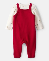 Baby Boy Gingerbread Holiday Print Long-Sleeve Overall Set - Red