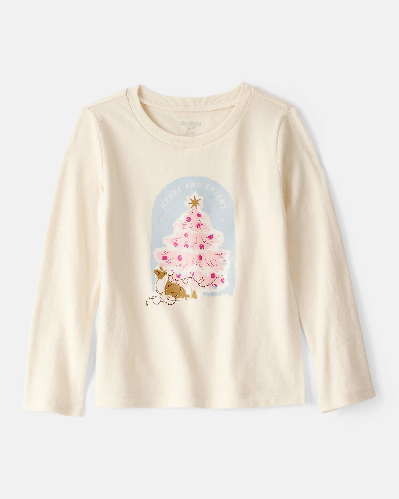 Toddler Girl Christmas Merry & Bright Corgi Long-Sleeve Graphic Tee - Cream