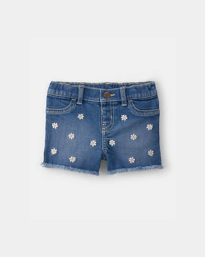 Baby Girl Daisy Denim Embroidered Shorts - Dark Wash