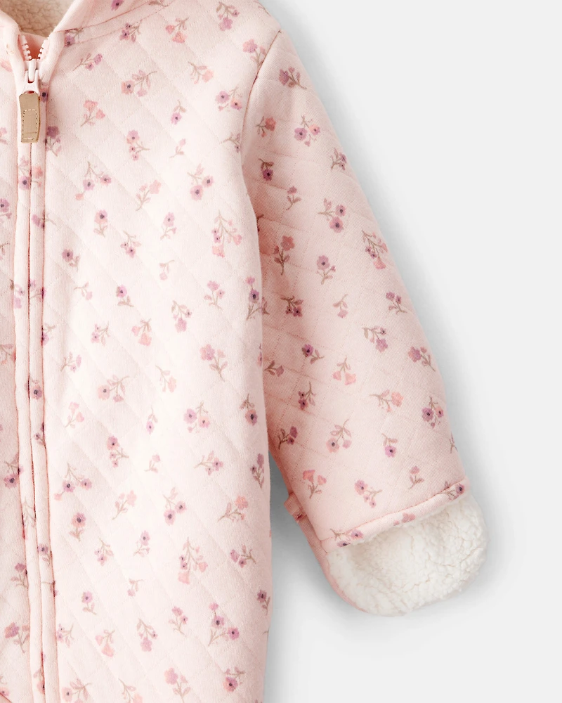 Baby Girl Floral Sherpa-Lined Long-Sleeve Hooded Jumpsuit - Pink
