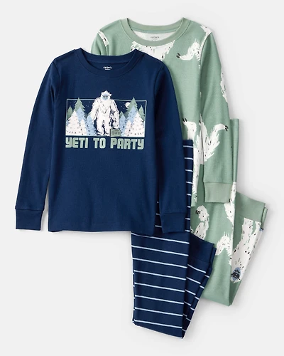 Boys Yeti Print 100% Cotton Long-Sleeve Snug Fit 4-Piece Pajamas - Green/Navy