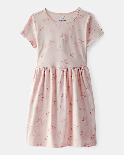 Girls Horse Print Short-Sleeve Dress - Tan