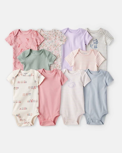Baby Girl 10-Pack Short-Sleeve Multipack Bodysuits - Pink/Green/Blue