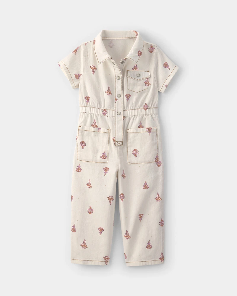 Toddler Girl Floral Short-Sleeve Twill Jumpsuit - Cream