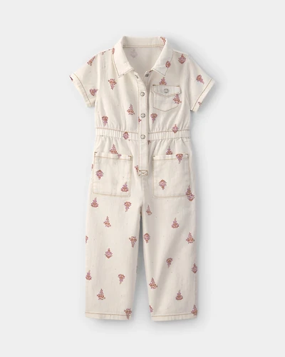 Toddler Girl Floral Short-Sleeve Twill Jumpsuit - Cream