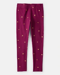 Girls Bow Print Pull-On Stretch Leggings - Purple